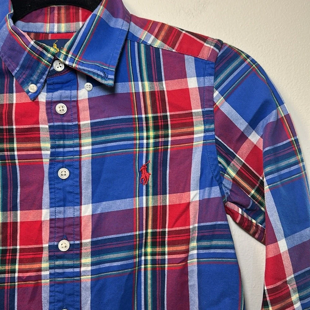 Ralph Lauren Boys Red/Blue Plaid Long Sleeve Oxford Shirt Size S (8)